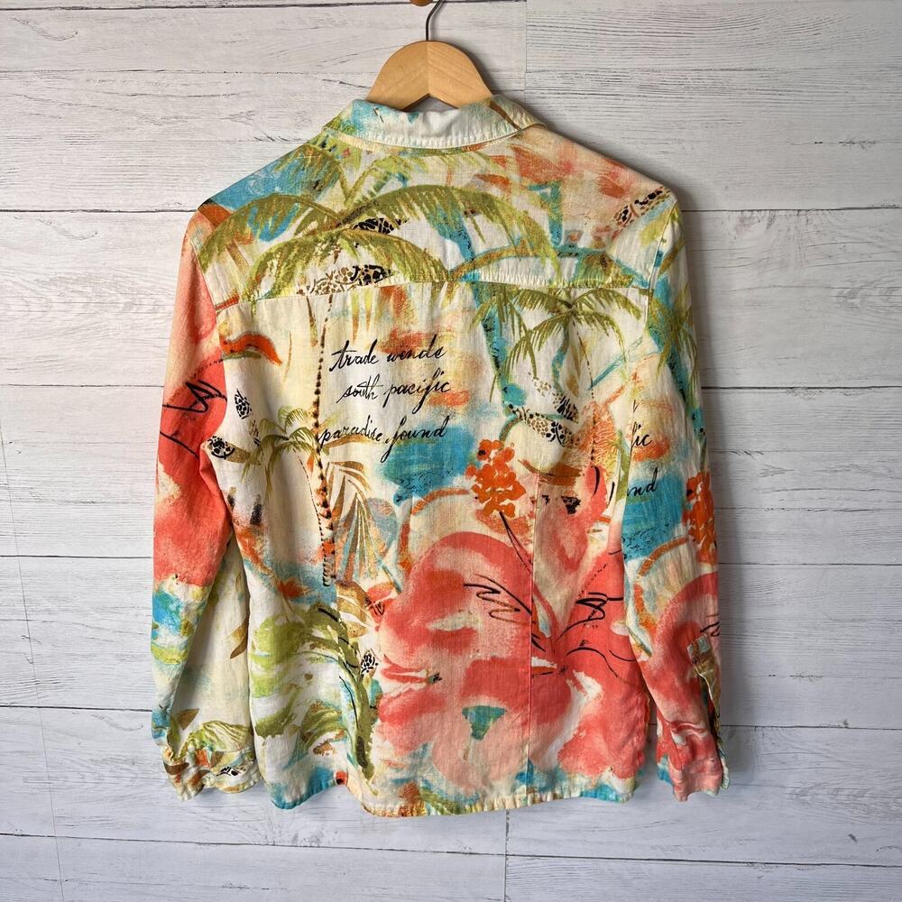 Chicos Shirt Size 1/M Tropical Paradise Print 100% Linen Snap Down Long Sleeve - Picture 13 of 16